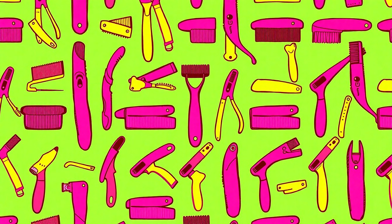 A brightly colored, high-contrast silkscreen print of a single, iconic pet grooming item such as a dog brush or nail clipper, repeated in a tight grid pattern in the style of Andy Warhol. The image utilizes flat, vibrant, and unnatural neon color palettes overlapping with heavy black photographic outlines to turn everyday pet care habits into modern pop art, completely avoiding text or readable labels.