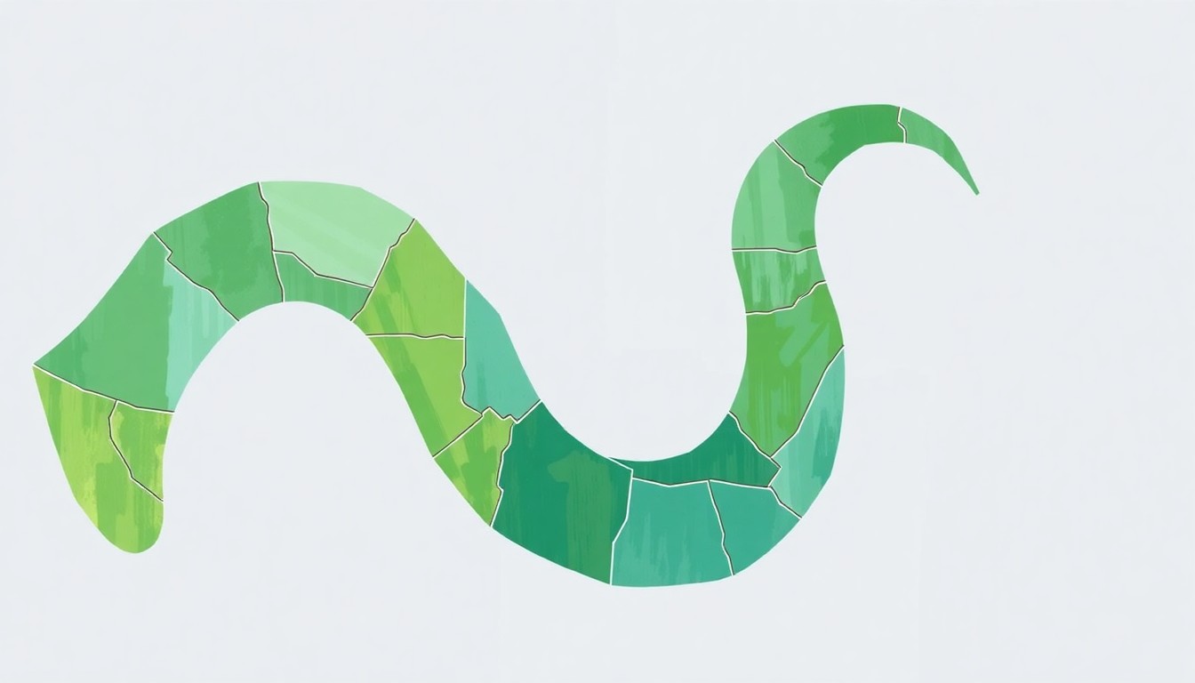 A dynamic, abstract painting featuring overlapping, fractured geometric shapes in shades of green, blue, and grey, conceptually representing the winding, serpentine path of the proposed voting district boundaries.