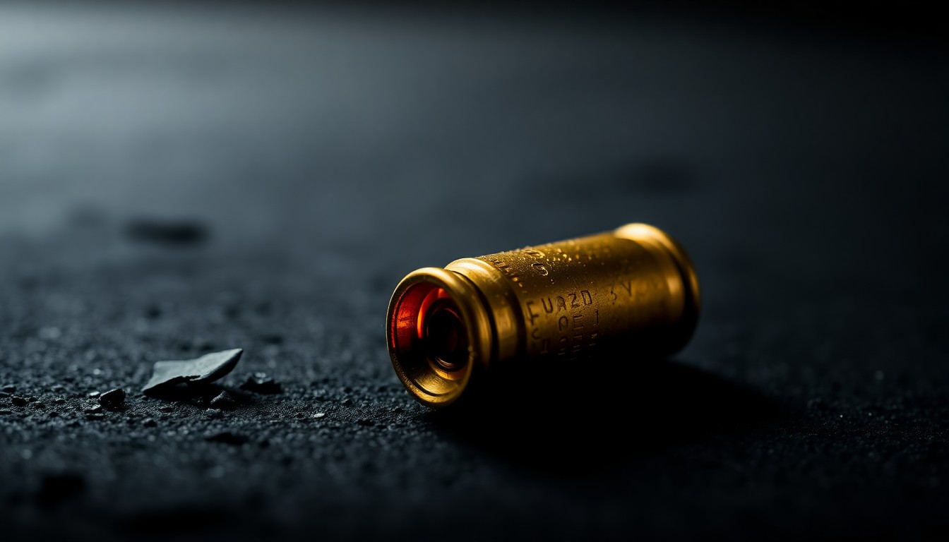 An extreme close-up photograph of a single spent shell casing on a dark, textured surface, lit by a harsh, direct camera flash, conceptually illustrating the aftermath of a shooting incident.