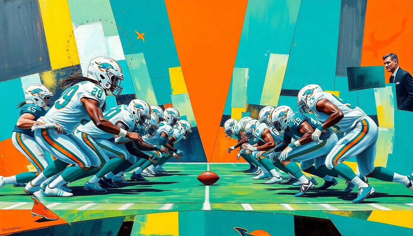 A fragmented, cubist-style painting depicting an abstract Miami Dolphins offensive line play, with sharp geometric shapes and planes of color representing the players and movement on the field.