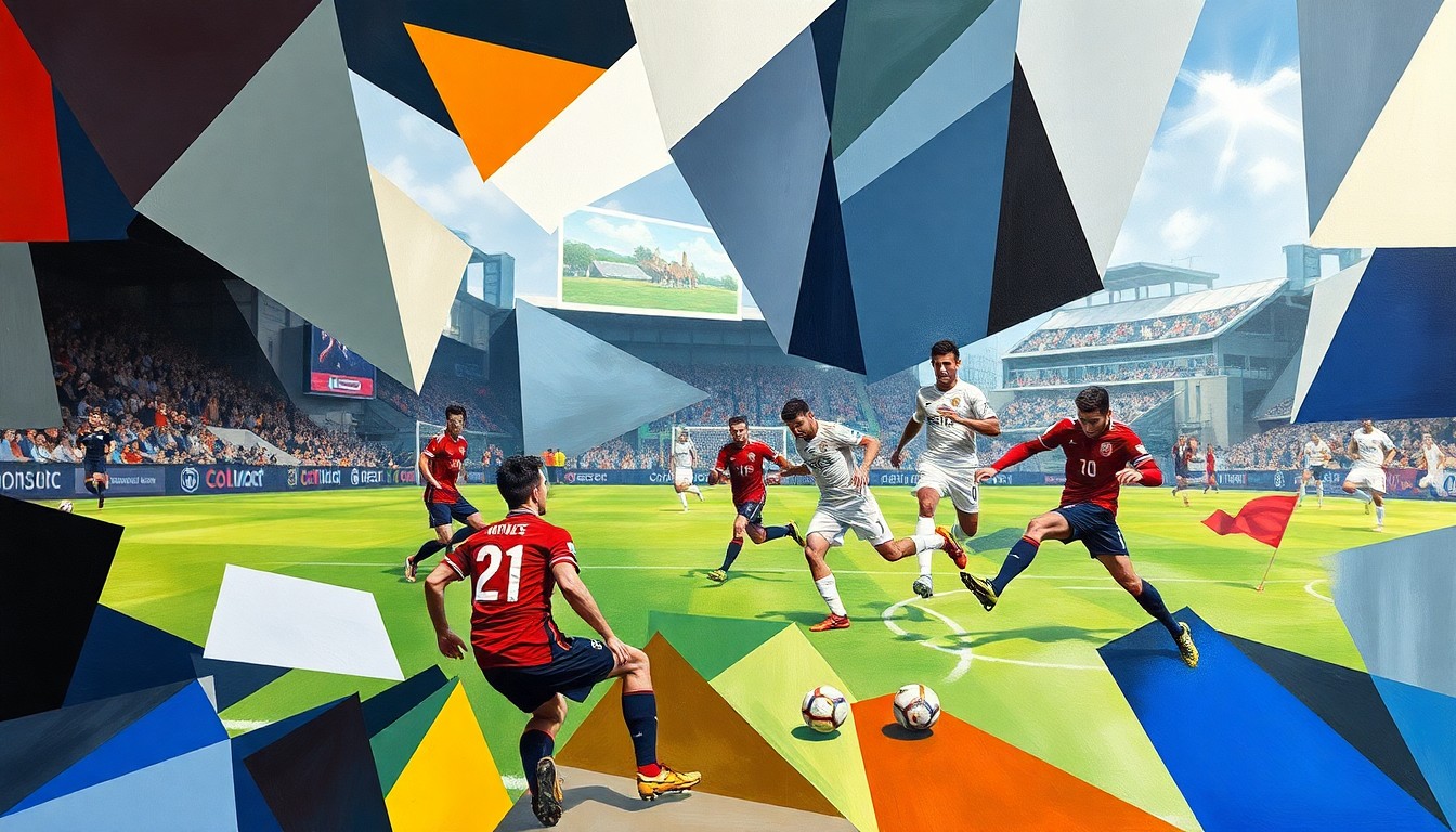 A fragmented, geometric painting depicting the chaotic final moments of a soccer match, with abstracted player forms and a sense of dynamic motion and energy.