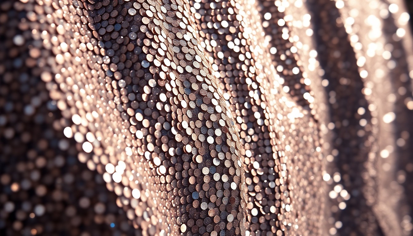 An abstract, high-contrast close-up photograph of shimmering, glittering sequins, capturing the luxurious textures associated with celebrity culture and wealth.