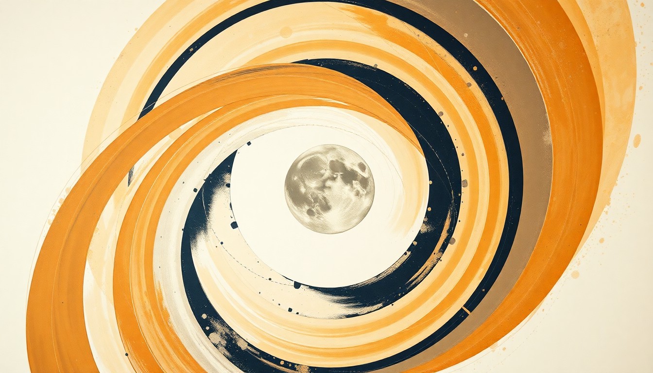 A highly structured abstract painting in soft, earthy tones depicting sweeping geometric arcs, concentric planetary circles, and precise botanical spirals, representing the technical complexity and precision of the Artemis II lunar mission.