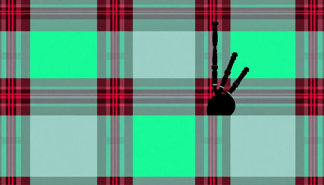 A bold, graphic silkscreen illustration featuring a repeated pattern of a Scottish tartan plaid design in bright, neon colors against a dark background, conceptually representing the cultural celebration of the Tartan Day Parade.
