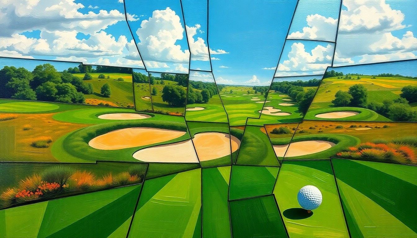 A cubist, geometric painting depicting a college golf tournament, with overlapping planes of green fairways, sand traps, and flying golf balls, conveying the dynamic energy and competition of the sport.