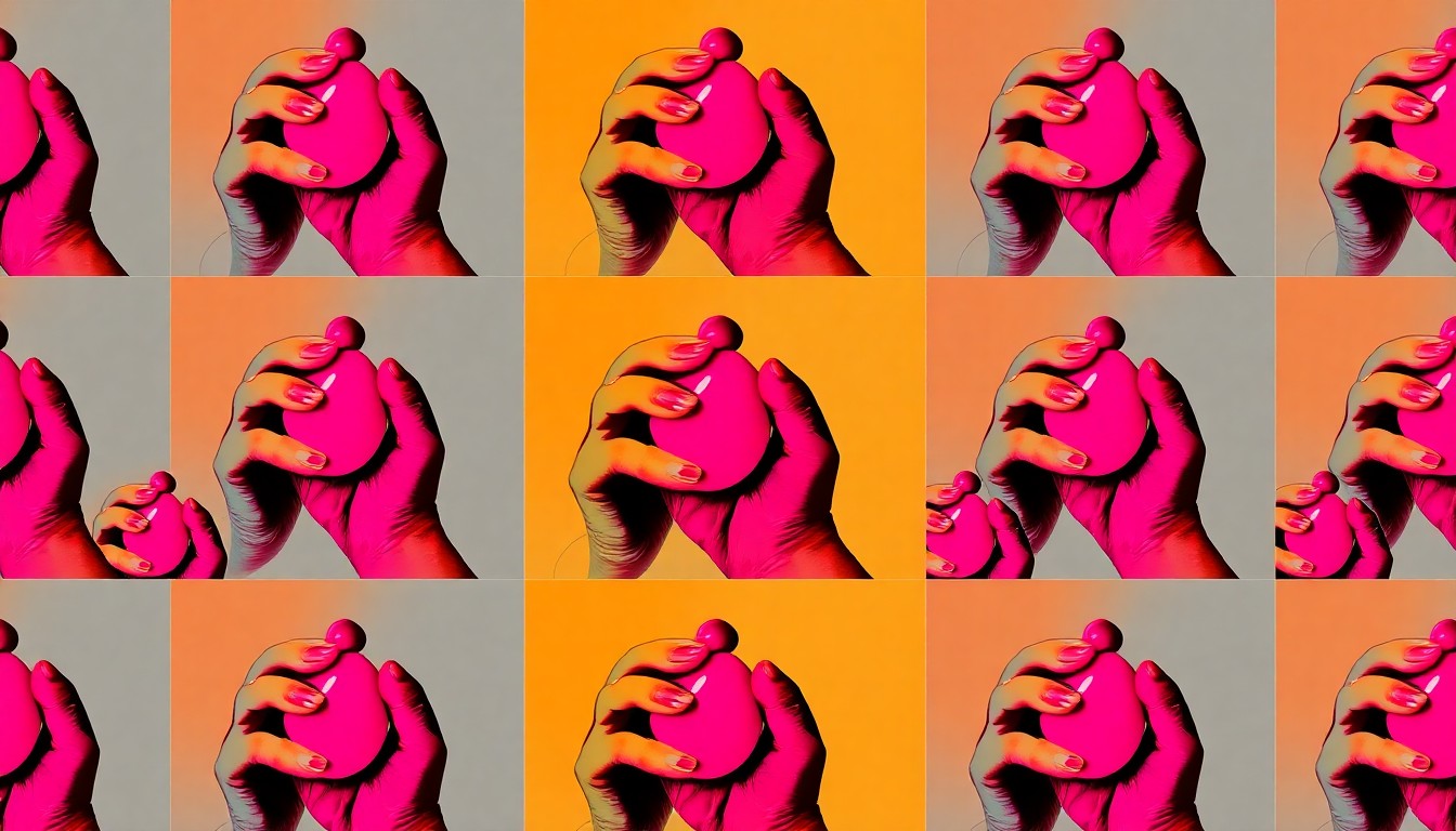 A highly stylized, abstract grid of neon-colored silkscreen images depicting a woman's hand holding an egg, conceptually representing the topic of fertility preservation.