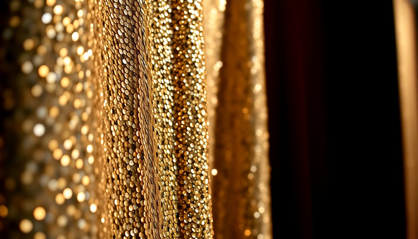 An abstract, high-contrast close-up photograph of a shimmering, sequined fabric, capturing the luxurious, high-fashion glamour of a celebrity red carpet event.