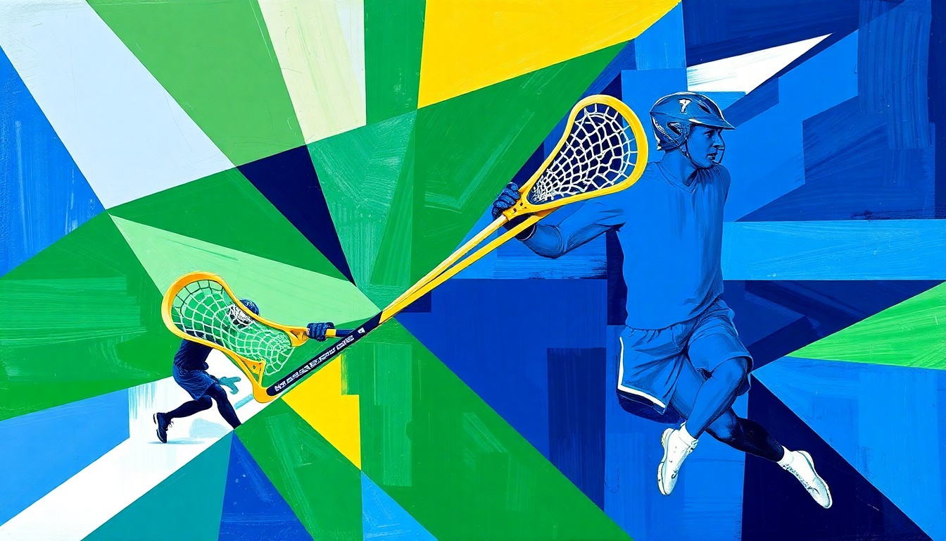 A cubist, geometric painting depicting a lacrosse game in motion, with overlapping planes of blue, green, and gold representing the competing teams. The fragmented, multi-perspective style conveys the chaotic energy of the sport.