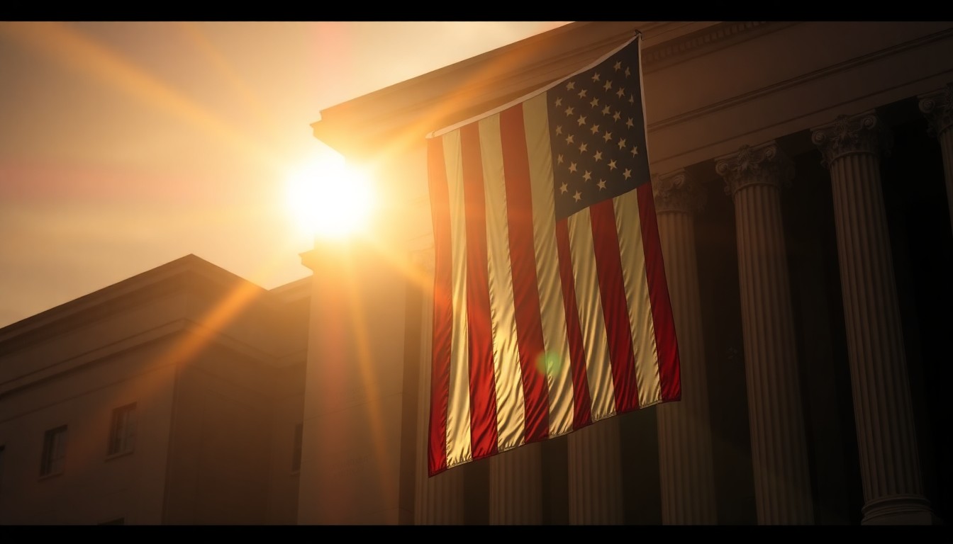 A close-up view of an American flag hanging on a government building, the fabric worn and faded, the sunlight casting deep shadows that create a sense of melancholy and unease.