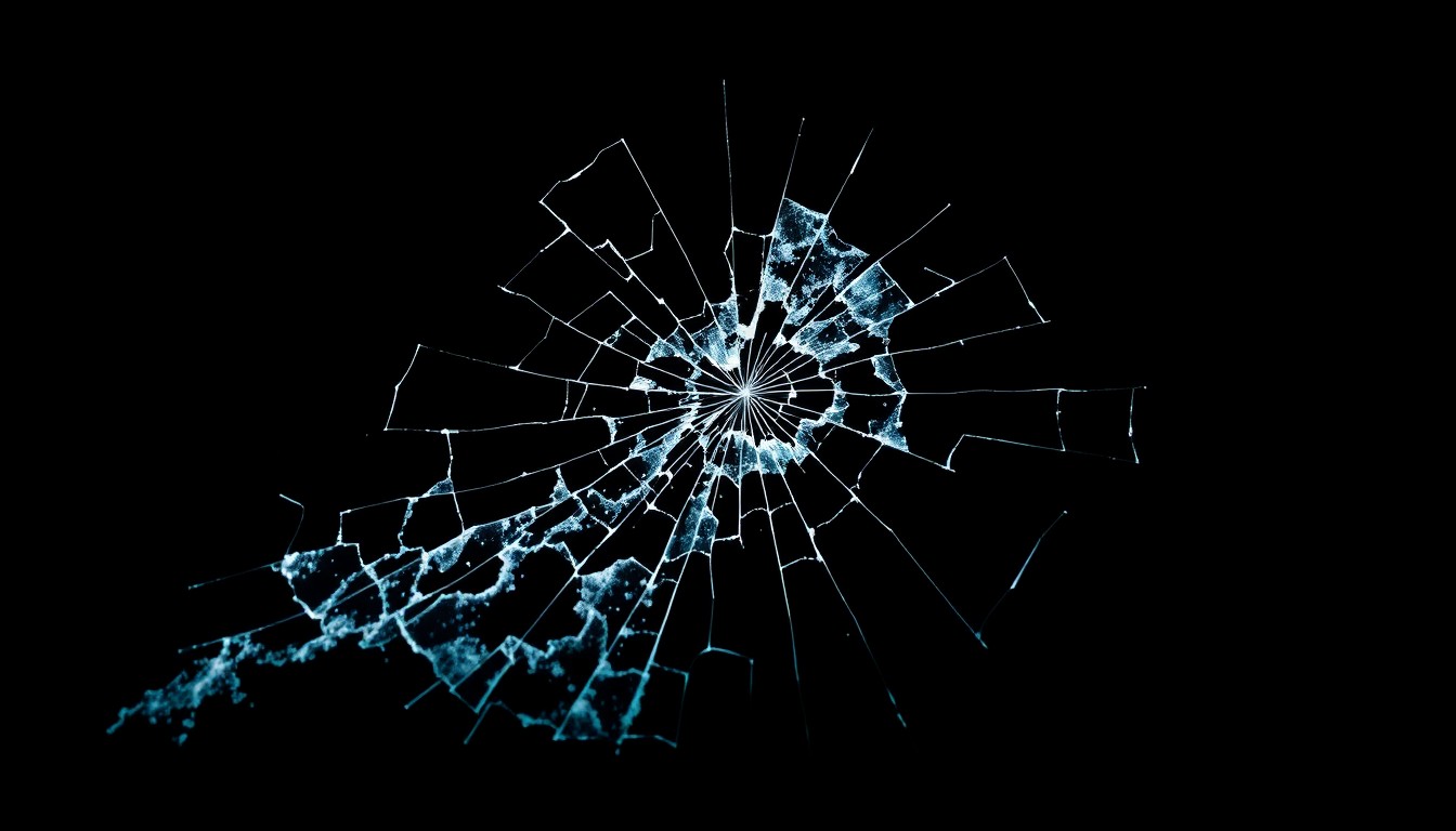 An extreme close-up photograph of a shattered car windshield, the jagged cracks and fractured glass conceptually representing the devastating impact of a fatal crash caused by alleged intoxicated driving.