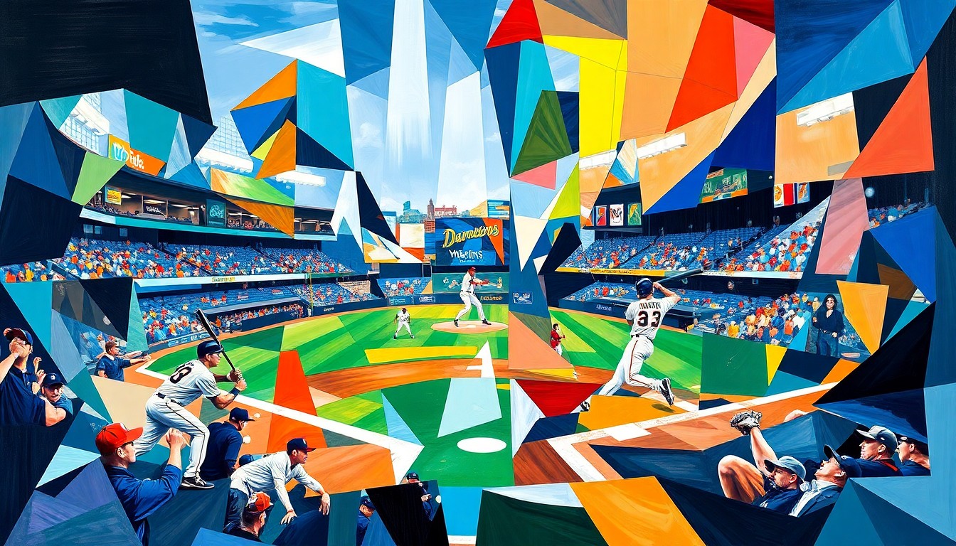 An abstract, geometric painting in the style of Pablo Picasso, with overlapping planes of color and shape representing the action and movement of a baseball game between the Detroit Tigers and Miami Marlins.