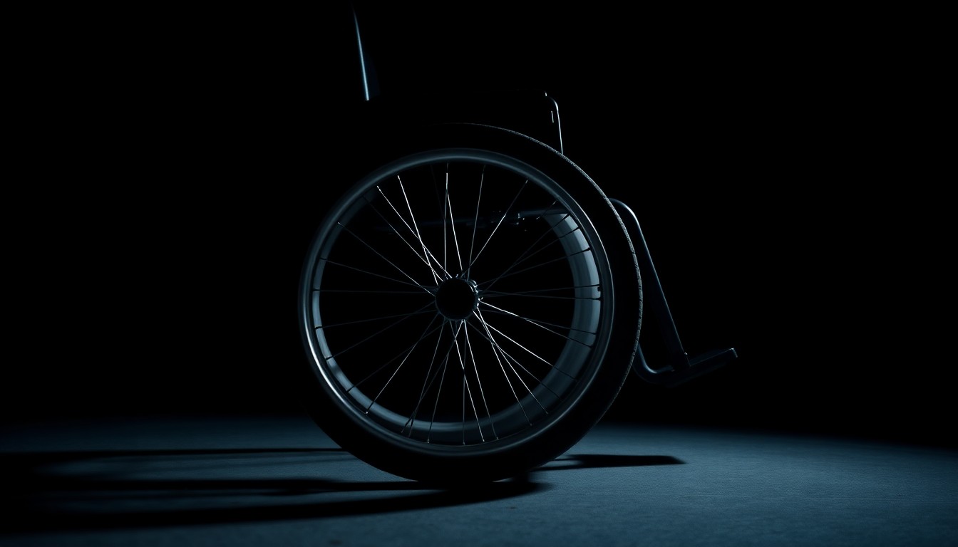 An extreme close-up photograph of a manual wheelchair wheel against a pitch-black background, the harsh lighting and stark contrast creating a gritty, investigative aesthetic that conceptually represents the search for a missing person.