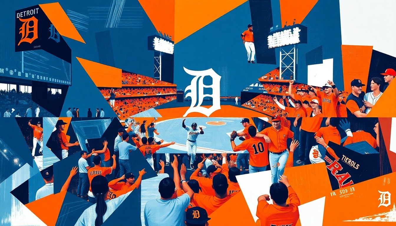 A fragmented, geometric painting in shades of navy, orange, and white, depicting the dynamic motion and energy of a baseball game or celebration.