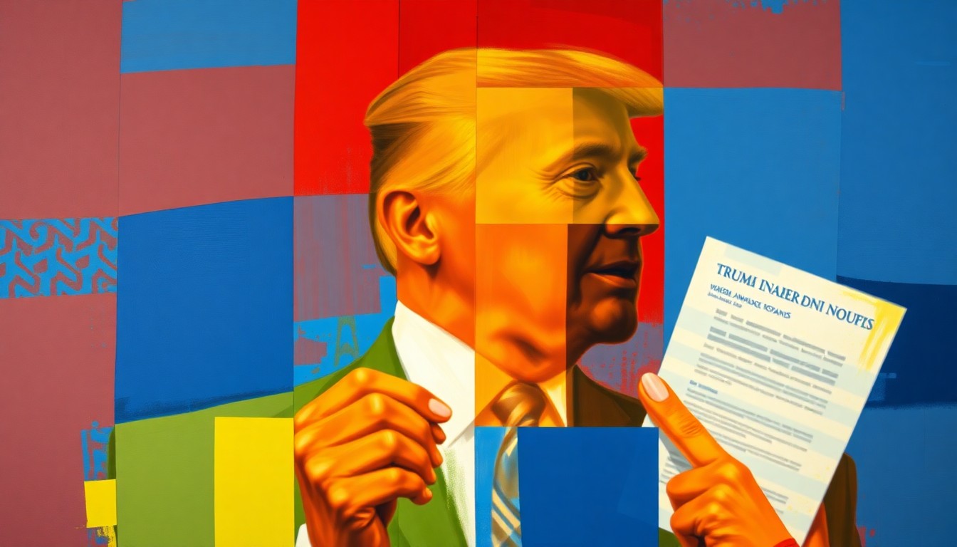 A dynamic, abstract painting in bold colors depicting the blurred, fragmented image of a politician's figure and immigration paperwork, conveying a sense of political turmoil and legal complications.