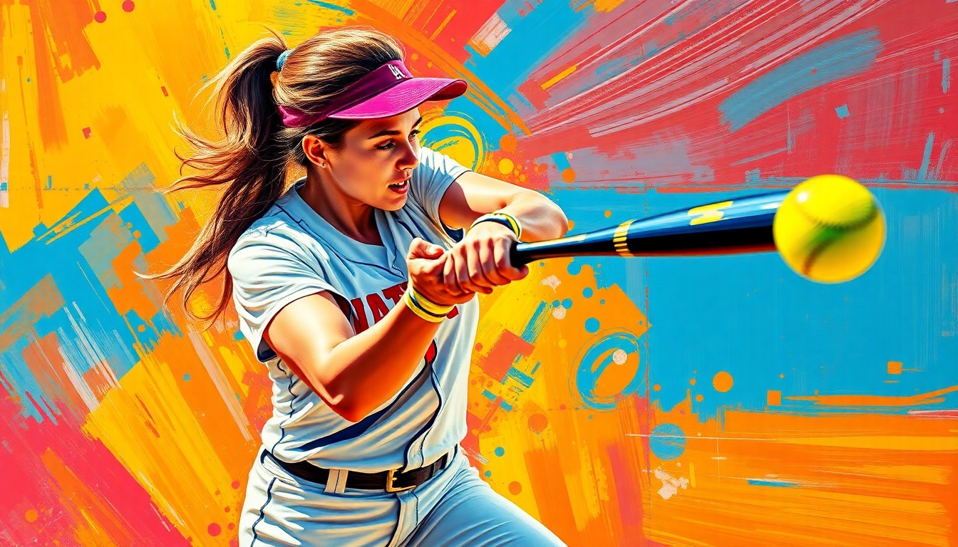 An abstract, energetic painting depicting the explosive motion and power of a softball player's swing, with vibrant neon colors and expressive brushstrokes capturing the raw athleticism of the moment.