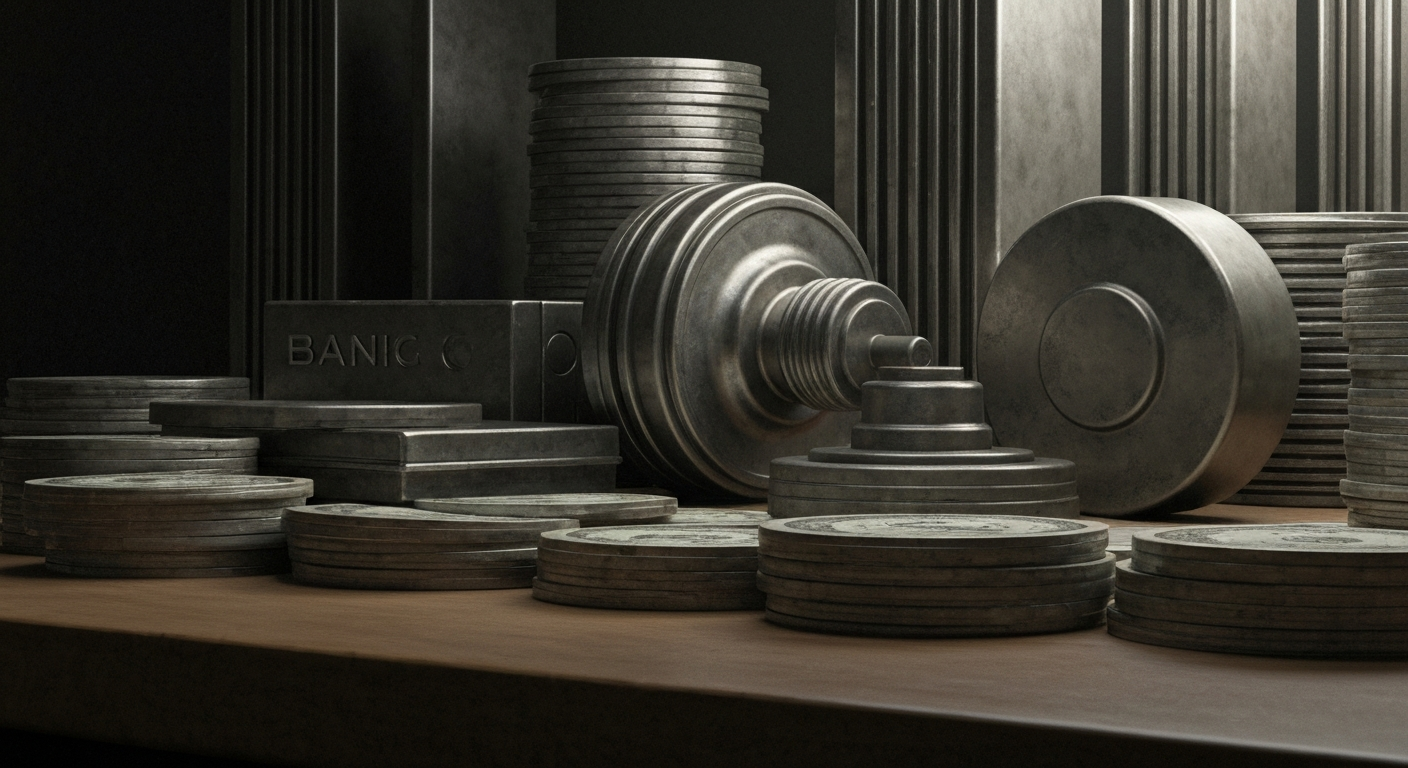 An extreme close-up of interlocking gears and machinery, conceptually representing the complex financial infrastructure underlying the banking system and economic stability.