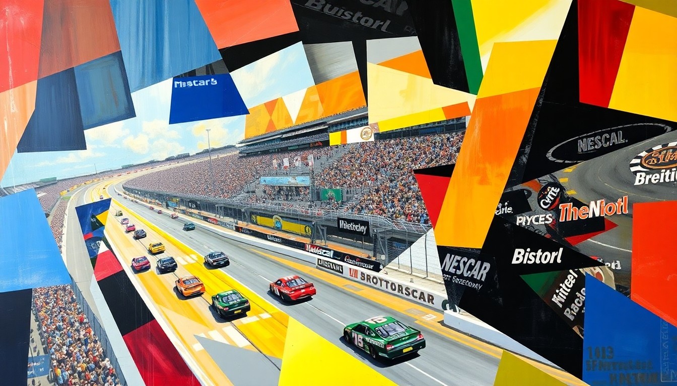 A fragmented, multi-perspective painting in the style of Pablo Picasso, depicting a NASCAR race at Bristol Motor Speedway. The cars, track, and crowd are broken down into abstract geometric shapes and planes of color, capturing the raw energy and intensity of the event.