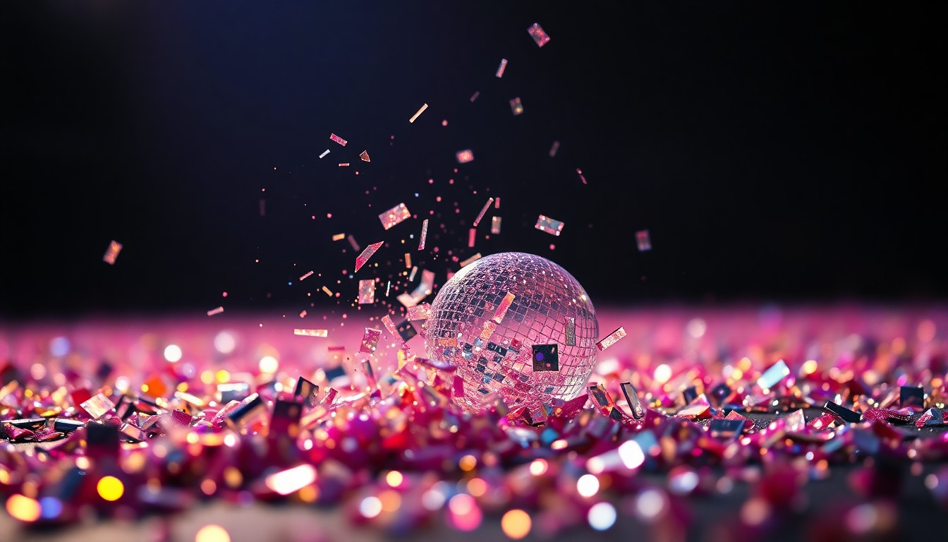 An abstract close-up photograph of shimmering sequins and shattered glass, capturing the glitz and glamour of a high-energy music performance.