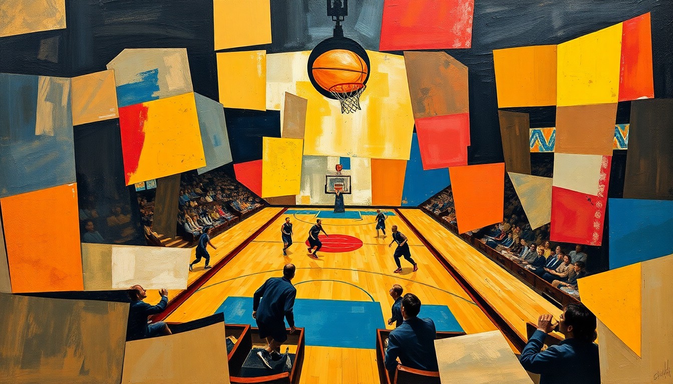 A cubist, geometric painting depicting a fragmented basketball game, with sharp, overlapping shapes and planes representing the dynamic action on the court.