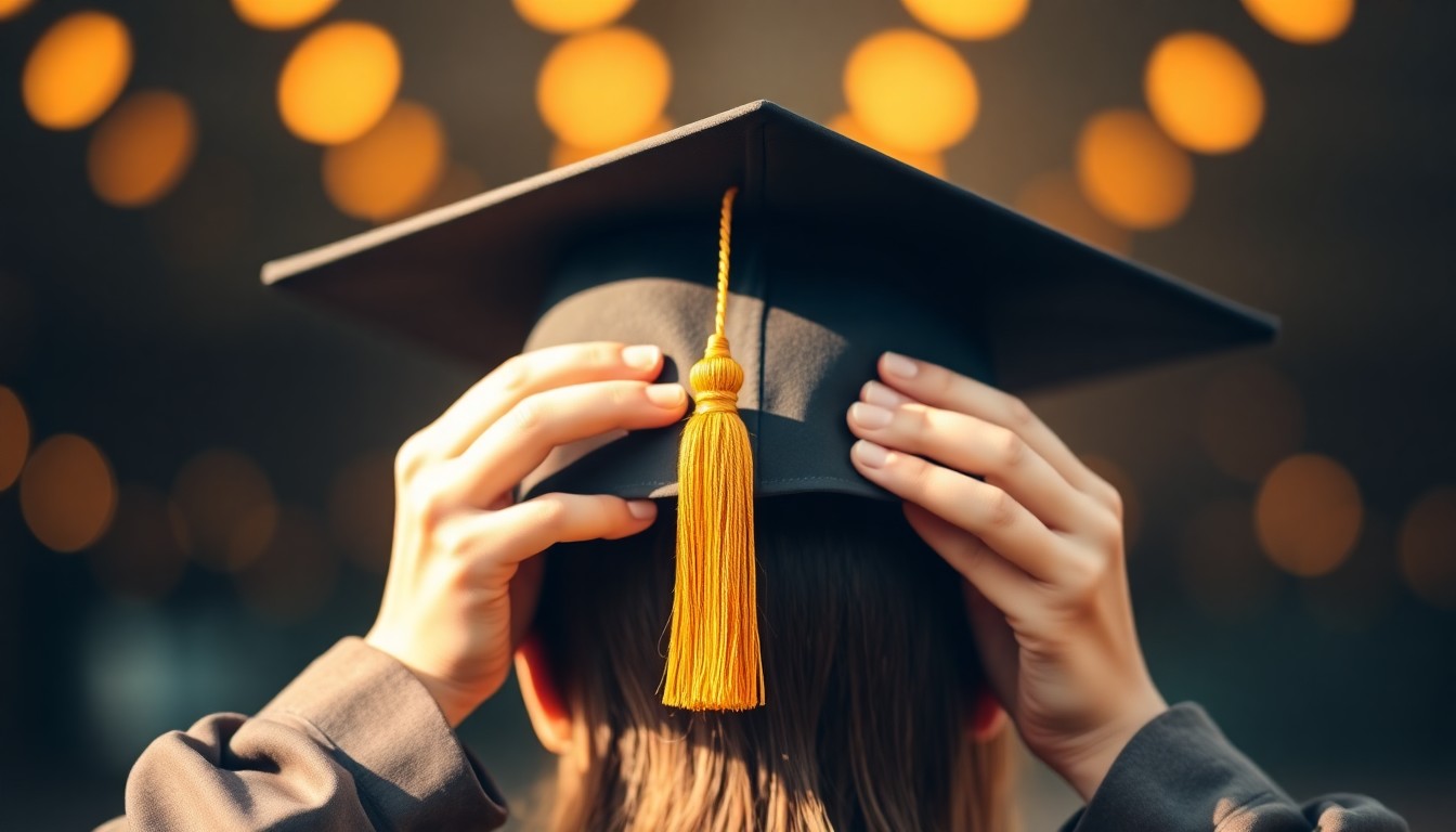 An abstract, out-of-focus photograph of a student's hands holding a graduation cap and tassel, with the background blurred in warm, golden light, conceptually representing the excitement and promise of academic success.