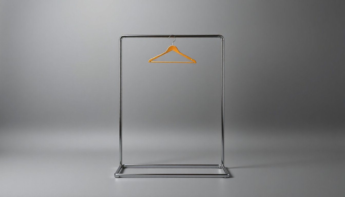 A minimalist, photorealistic studio still-life photograph featuring a polished, geometric metal display stand with a single empty clothing hanger hanging from it, representing the vacant retail space left by the former Marks & Spencer store. The stand is placed on a clean, monochromatic seamless background in shades of grey, using sharp, dramatic studio lighting and deep shadows to symbolize the uncertainty and transition in the retail industry.