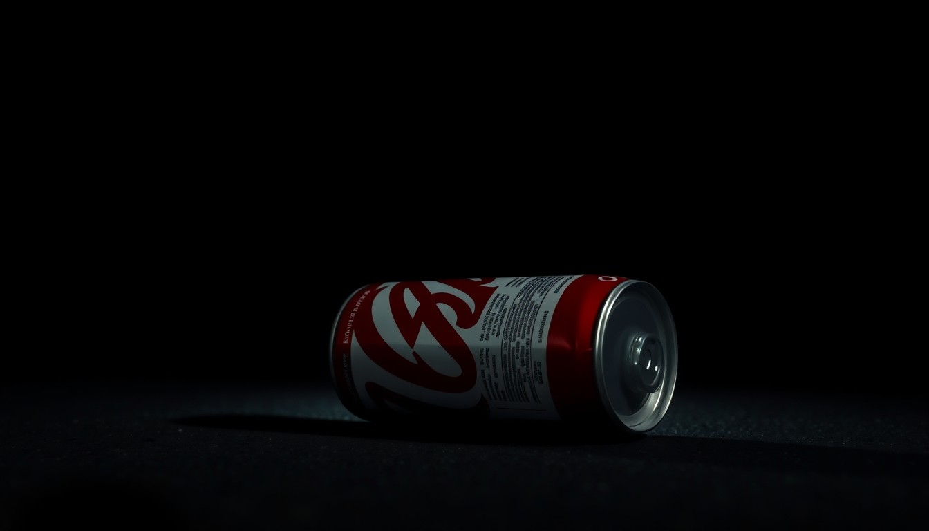 An extreme close-up photograph of a discarded soda can on the ground, lit by a harsh, direct camera flash against a pitch-black background, creating a stark, gritty, investigative aesthetic.