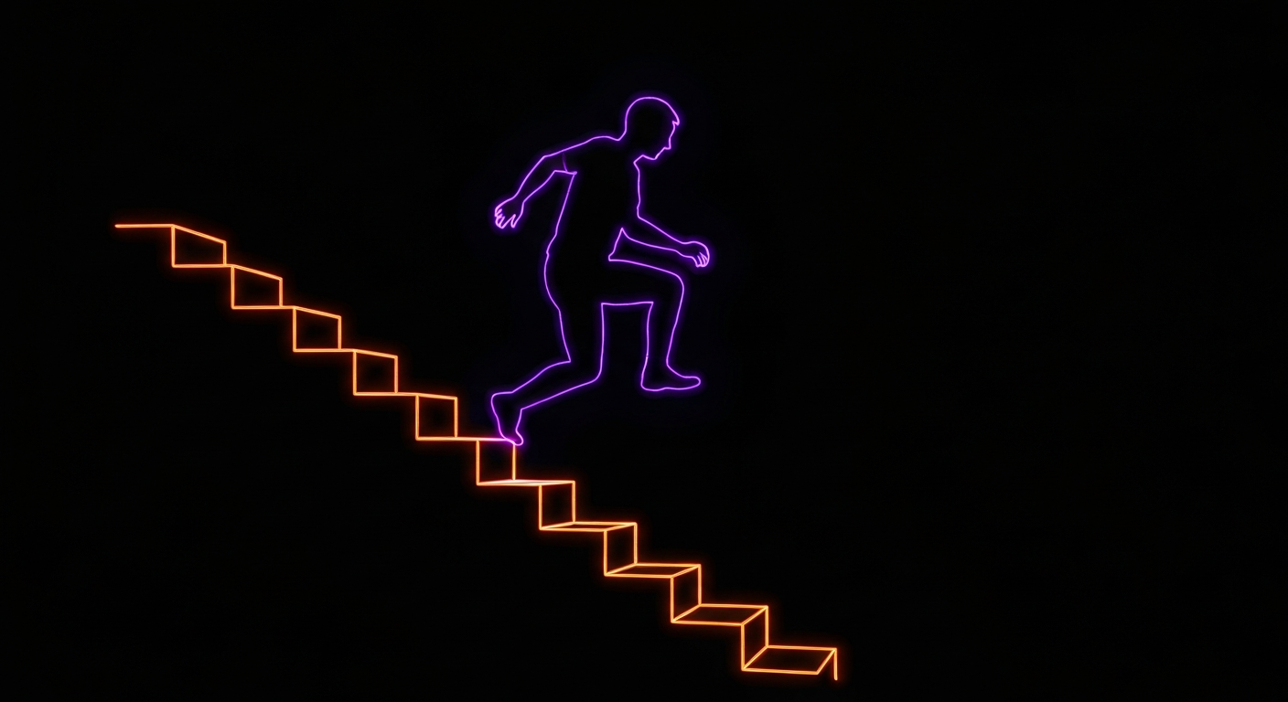 A glowing neon outline illustration of a person climbing stairs, with the stairs and climber's silhouette defined by vibrant, electric lines against a dark background, conceptually representing the physical challenge and community spirit of the Fight for Air Climb event.