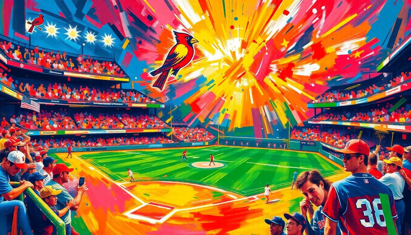 An abstract, expressionist painting in vibrant neon colors, capturing the dynamic energy and movement of a baseball game with bold, sweeping brushstrokes.