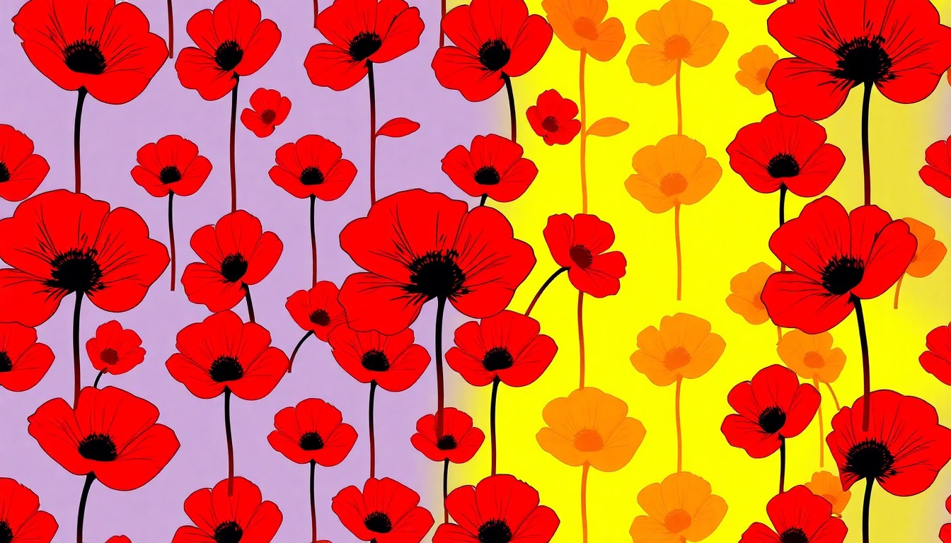A grid of brightly colored, high-contrast silkscreen poppy flowers in vibrant neon hues, conceptually representing the celebration of Poppy Day in Loganville.