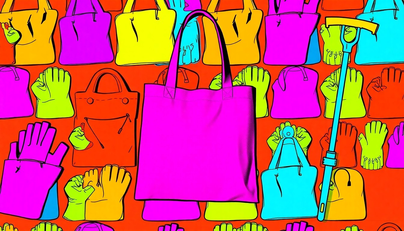 A brightly colored, high-contrast silkscreen print featuring repeating images of reusable tote bags, gardening gloves, and litter picker tools, conceptually representing the hands-on environmental stewardship activities at the Earth Day event.