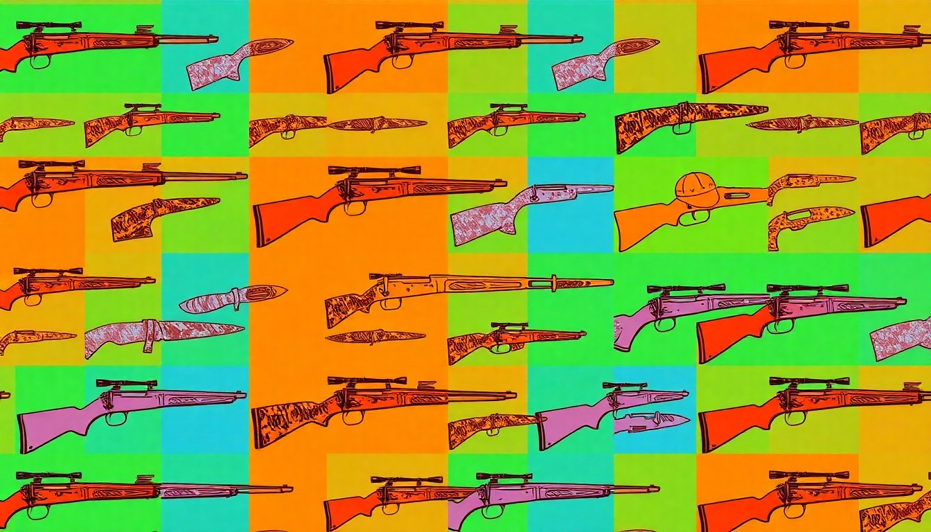 A highly stylized, abstract grid of a single iconic deer hunting object, such as a rifle or camouflage hat, rendered in bold, neon-bright colors and heavy black outlines to create a modern pop art effect, conceptually representing the ongoing debate over Pennsylvania's deer hunting regulations.