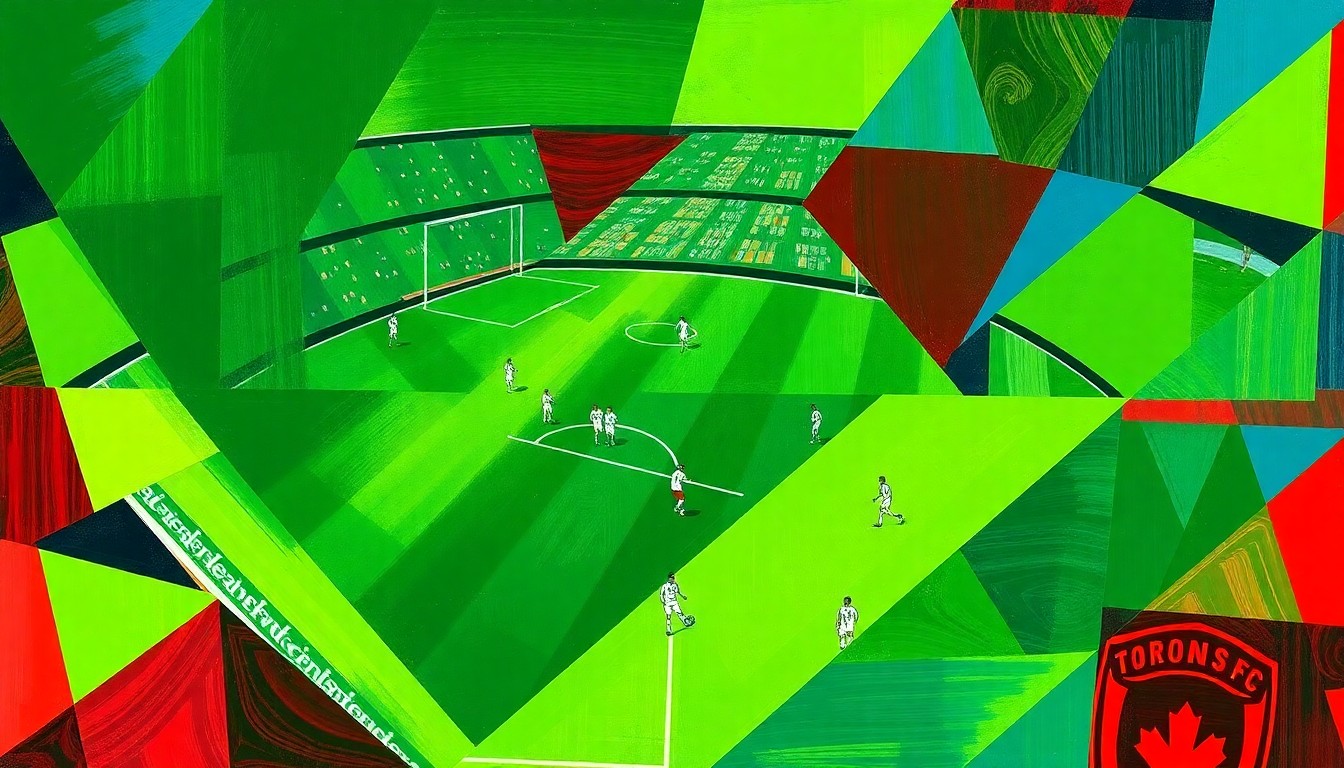 A fragmented, geometric painting depicting the action and energy of a soccer match, with sharp planes of green, blue, and red representing the players, field, and stadium.