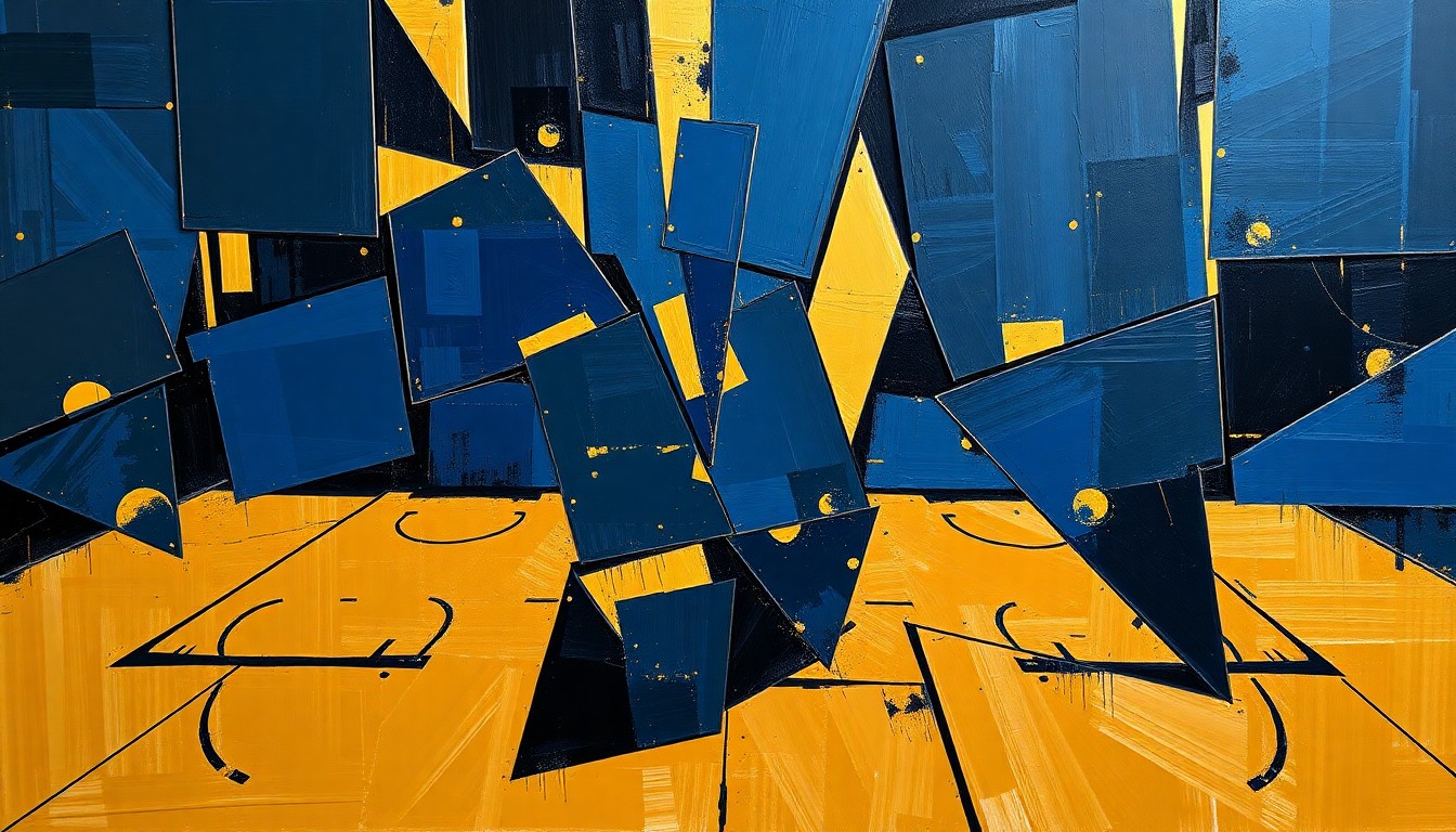 A cubist, geometric painting depicting fragmented basketball players and draft lottery imagery, conveying the high-stakes tension of the Nets' pursuit of a top pick.