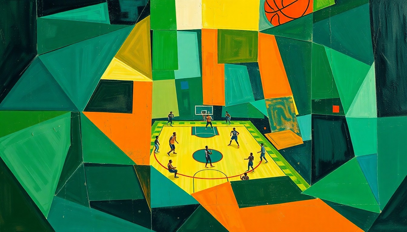 A cubist, geometric painting depicting a fragmented basketball game, with overlapping shapes and planes in shades of green, blue, and orange, conveying the strategic rest of the Celtics' starters ahead of the playoffs.