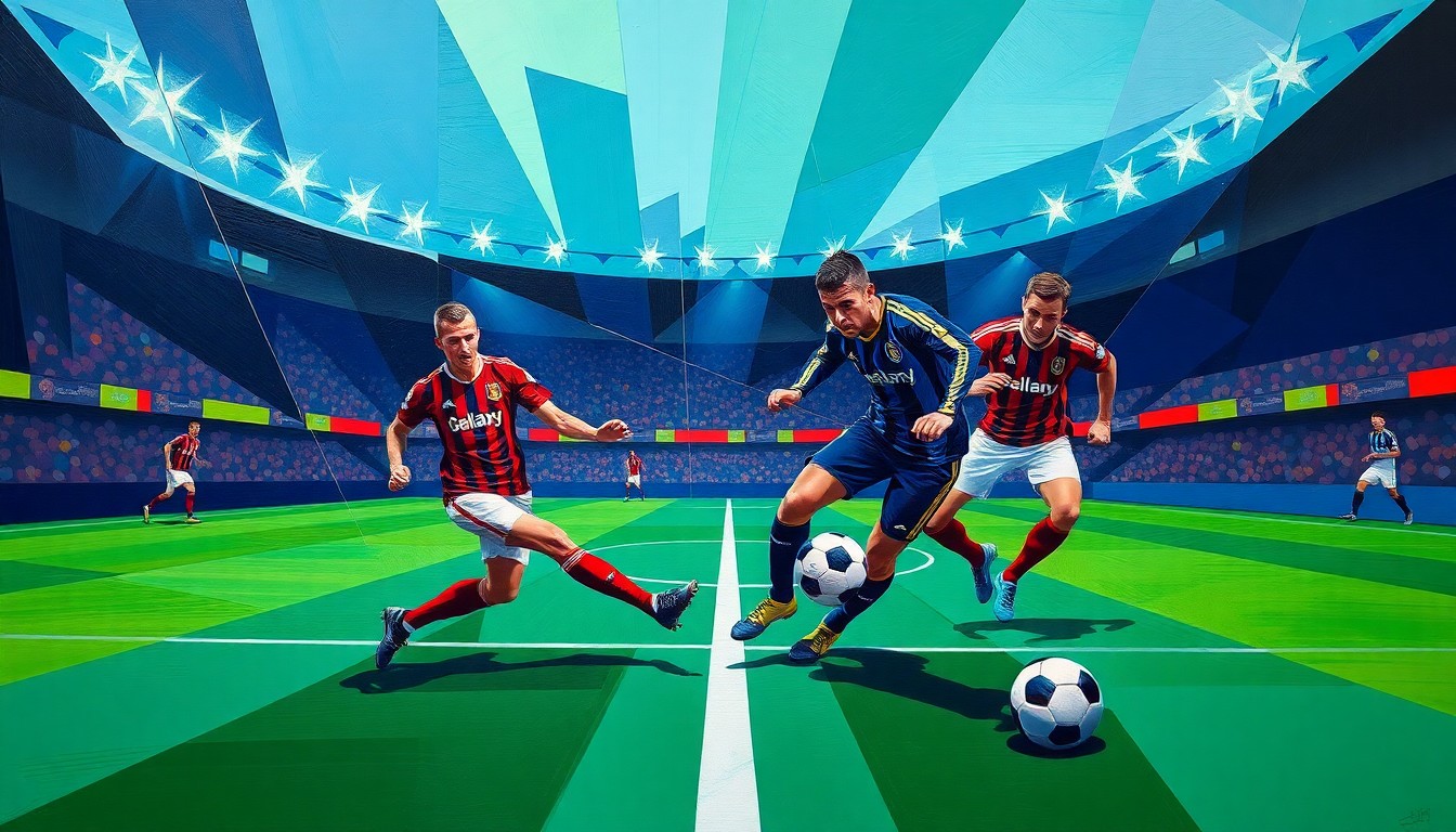 A fragmented, cubist-style painting depicting a soccer match between the Los Angeles Galaxy and Austin FC, with the players and ball represented through angular, overlapping geometric shapes and planes in a vibrant color palette.