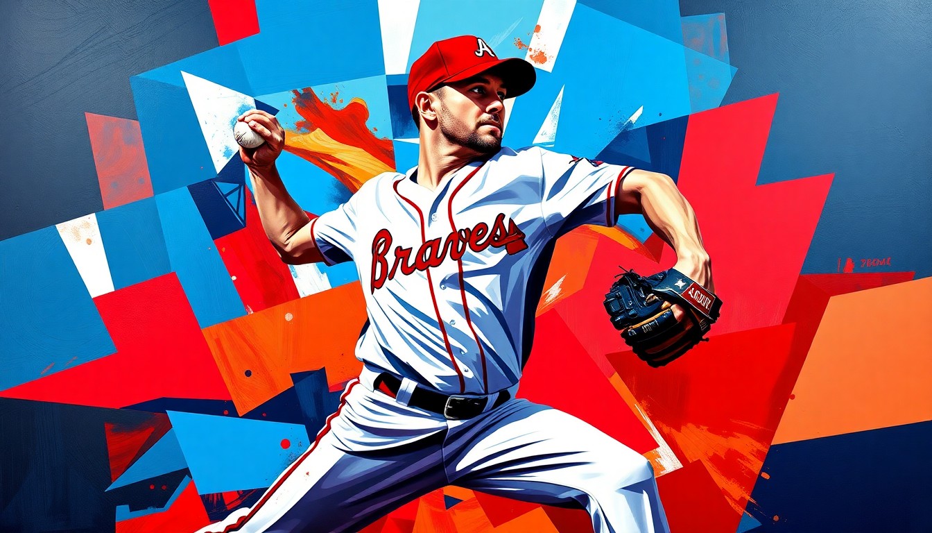 A fractured, multi-perspective painting breaking down a baseball pitcher's throwing motion into sharp, overlapping geometric planes in the Braves' official team colors of navy blue, red, and white.