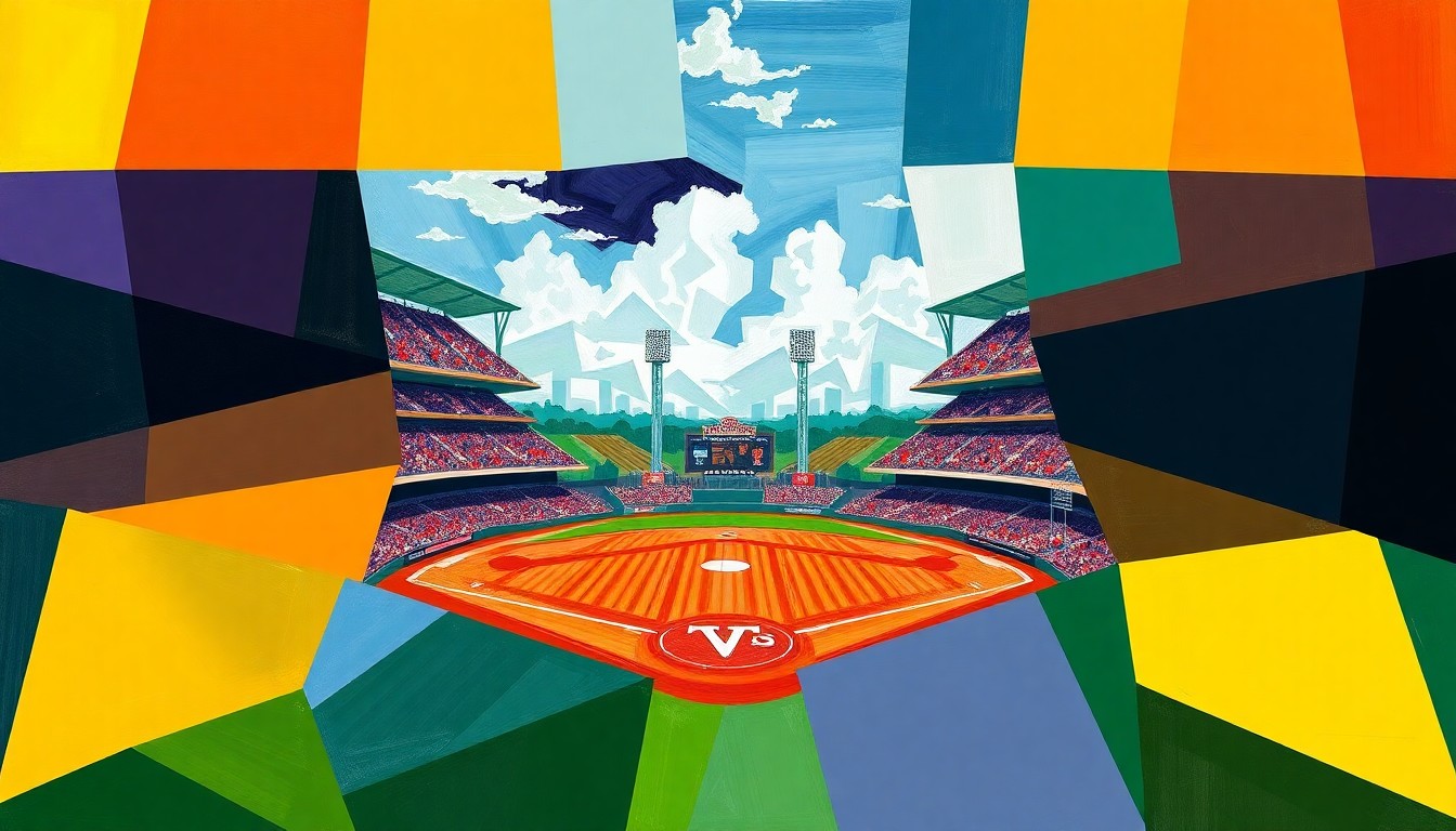 A fragmented, geometric painting depicting the action and energy of a college baseball game, with the dominant team colors of Mississippi State and Tennessee creating a vibrant, abstract composition.
