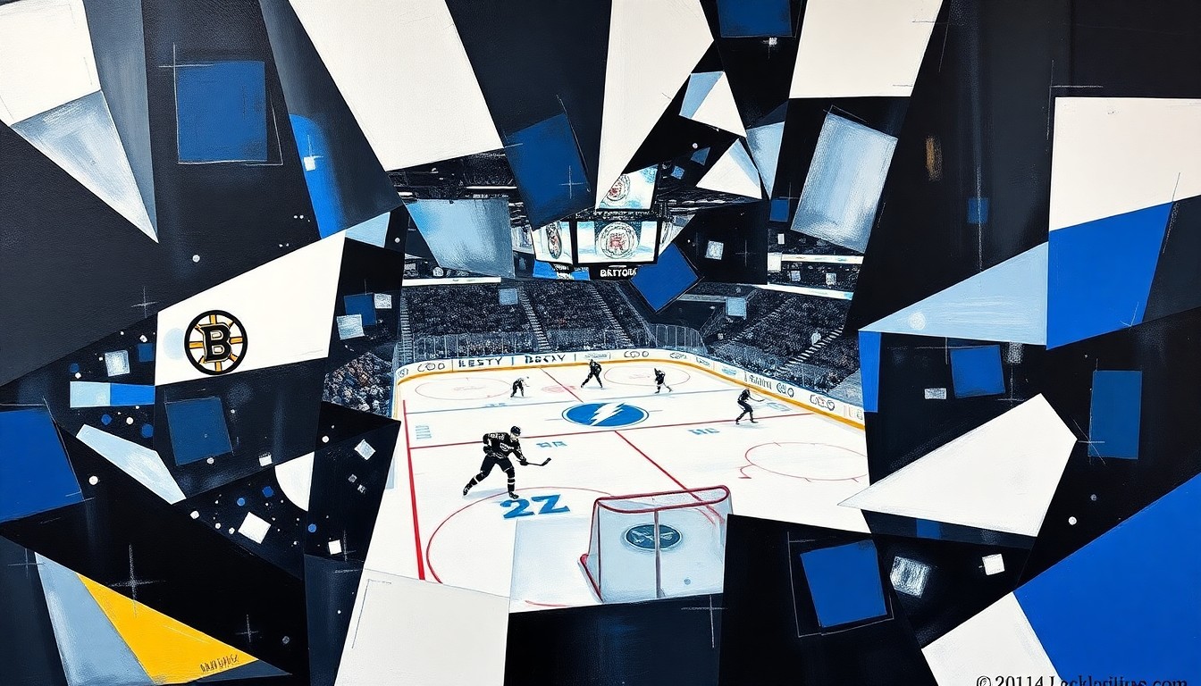 A cubist, geometric painting depicting a hockey game, with overlapping planes of color and shape representing the players, puck, and action on the ice.