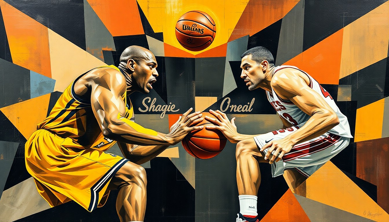 A cubist, geometric painting depicting the clash between two basketball players, with sharp, overlapping shapes and planes representing the dynamic tension between their contrasting playing styles.