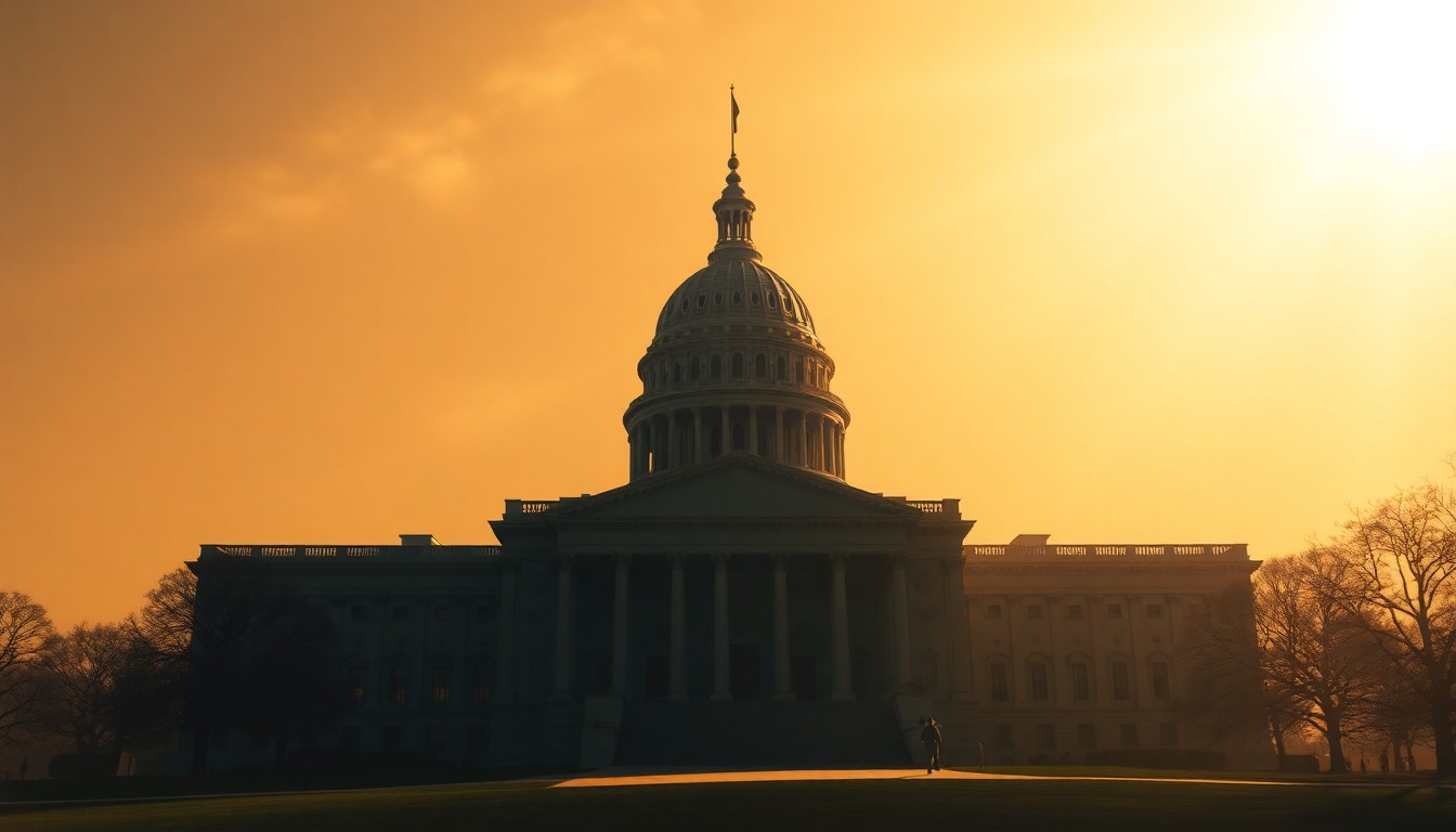 A photorealistic painting of a state capitol building in warm, golden light, with deep shadows cast across the facade, conveying a sense of solemnity and gravity surrounding the political process.