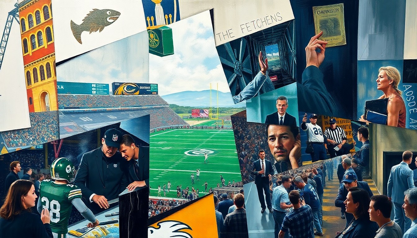 A cubist, geometric painting depicting fragmented football players and draft prospects, representing the complex and multifaceted nature of the NFL Draft process.