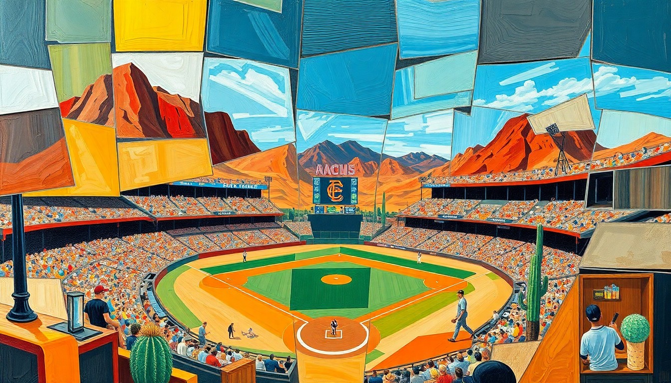 A cubist, geometric painting depicting a fragmented, multi-perspective view of a Cactus League baseball game, with sharp, overlapping planes of color representing the dynamic energy and cultural significance of this Arizona spring training tradition.