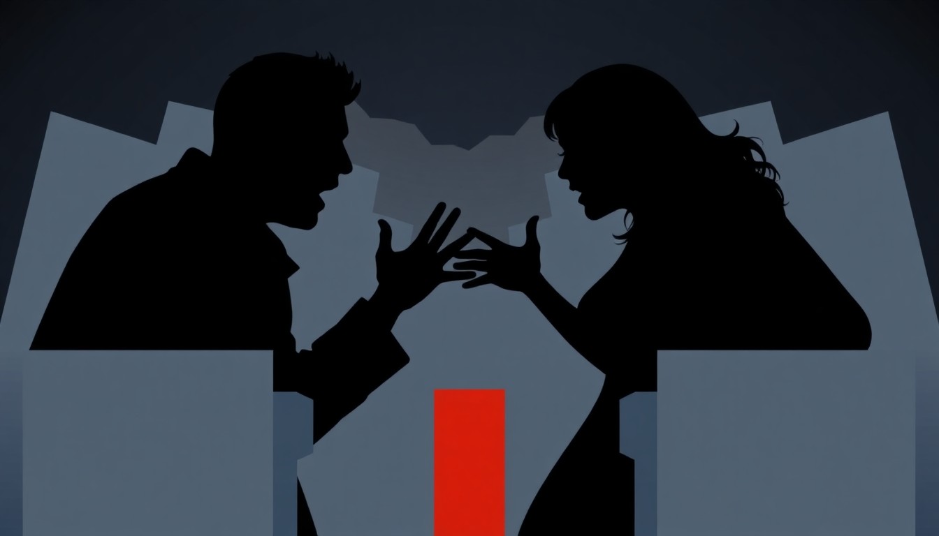 An abstract, minimalist illustration featuring sharp, jagged geometric shapes and heavy black silhouettes, conveying the high-stakes drama and power dynamics of a reality TV confrontation without depicting any specific people or places.