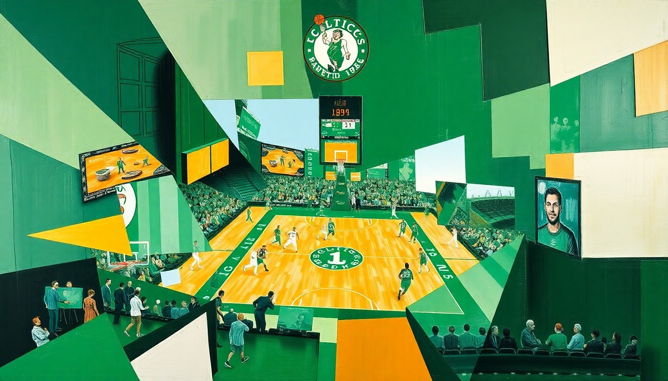 A fractured, geometric painting in vibrant greens, whites, and golds, breaking down a Celtics basketball game into sharp, overlapping planes, conceptually representing the team's stable leadership and innovative approach under new owner Bill Chisholm.
