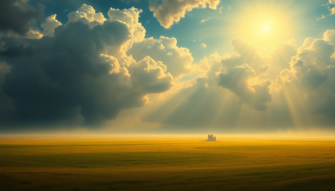 A vast, atmospheric landscape painting in muted earth tones and dramatic lighting, capturing the overwhelming scale and power of the natural world during an extreme weather event.