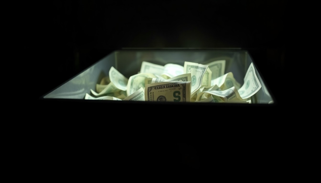 An extreme close-up photograph of a cash register drawer open, revealing crumpled bills and coins, lit by a harsh, direct camera flash against a pitch-black background, conceptually illustrating the aftermath of an armed robbery.