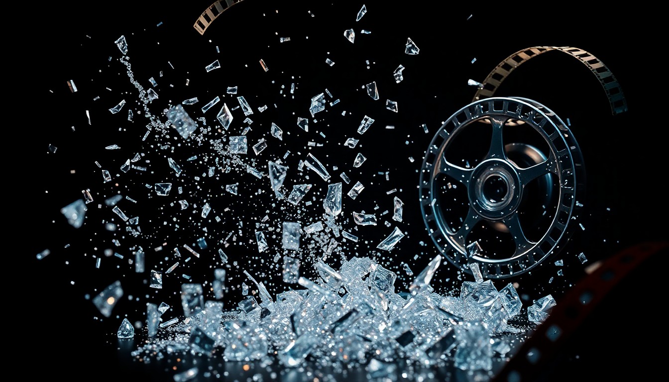 An extreme close-up of shattered glass and glittering film reel fragments, captured in dramatic, high-contrast studio lighting to create a conceptual, abstract representation of the clash between two major movie franchises.