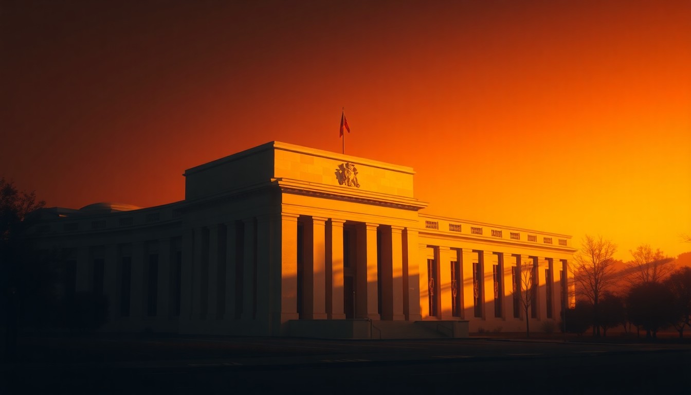 A serene, photorealistic painting of a stately Federal Reserve building in muted tones, with warm sunlight casting long shadows across the facade, conveying a sense of quiet contemplation about the institution's role and future direction.