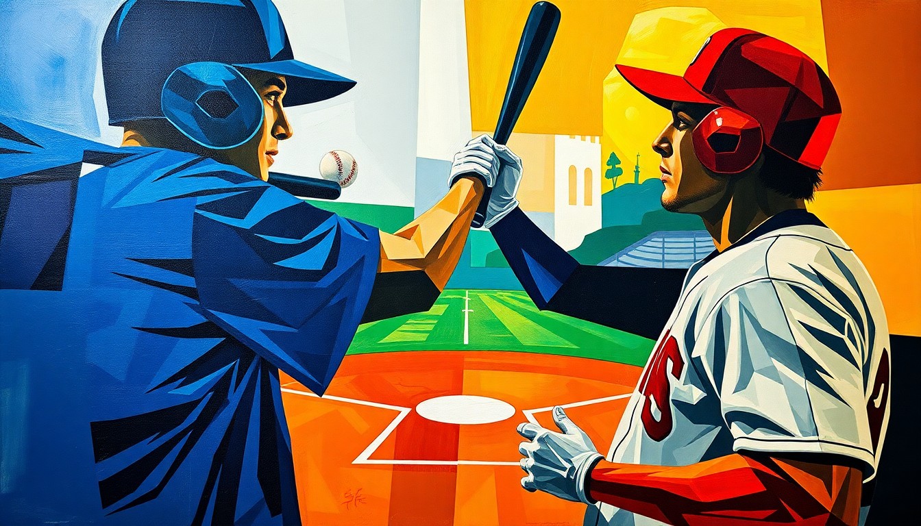 A cubist-style painting featuring overlapping geometric shapes and planes in vibrant colors, representing the clash between two baseball players in an abstract, non-literal manner.