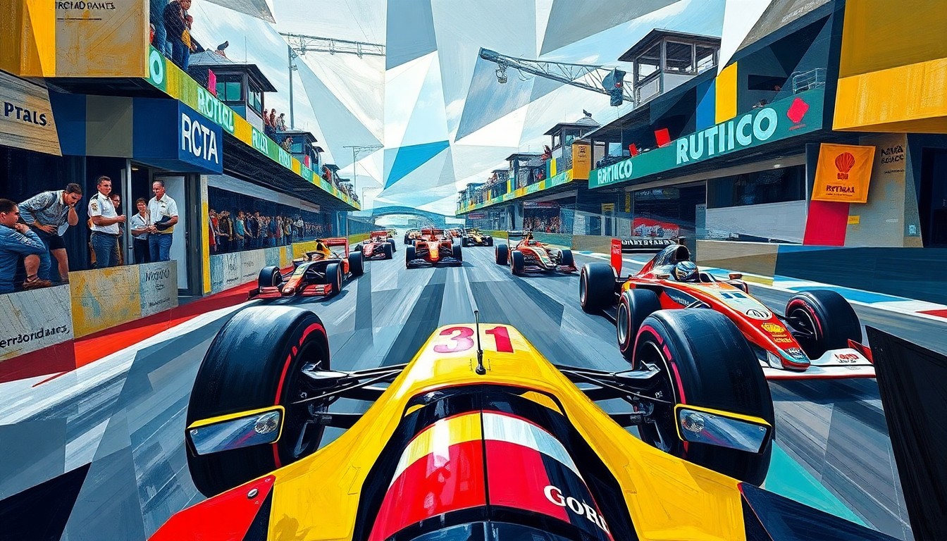 A cubist-style painting depicting a Formula 1 race broken down into sharp, overlapping geometric shapes and planes, reflecting the sport's technological transformation.